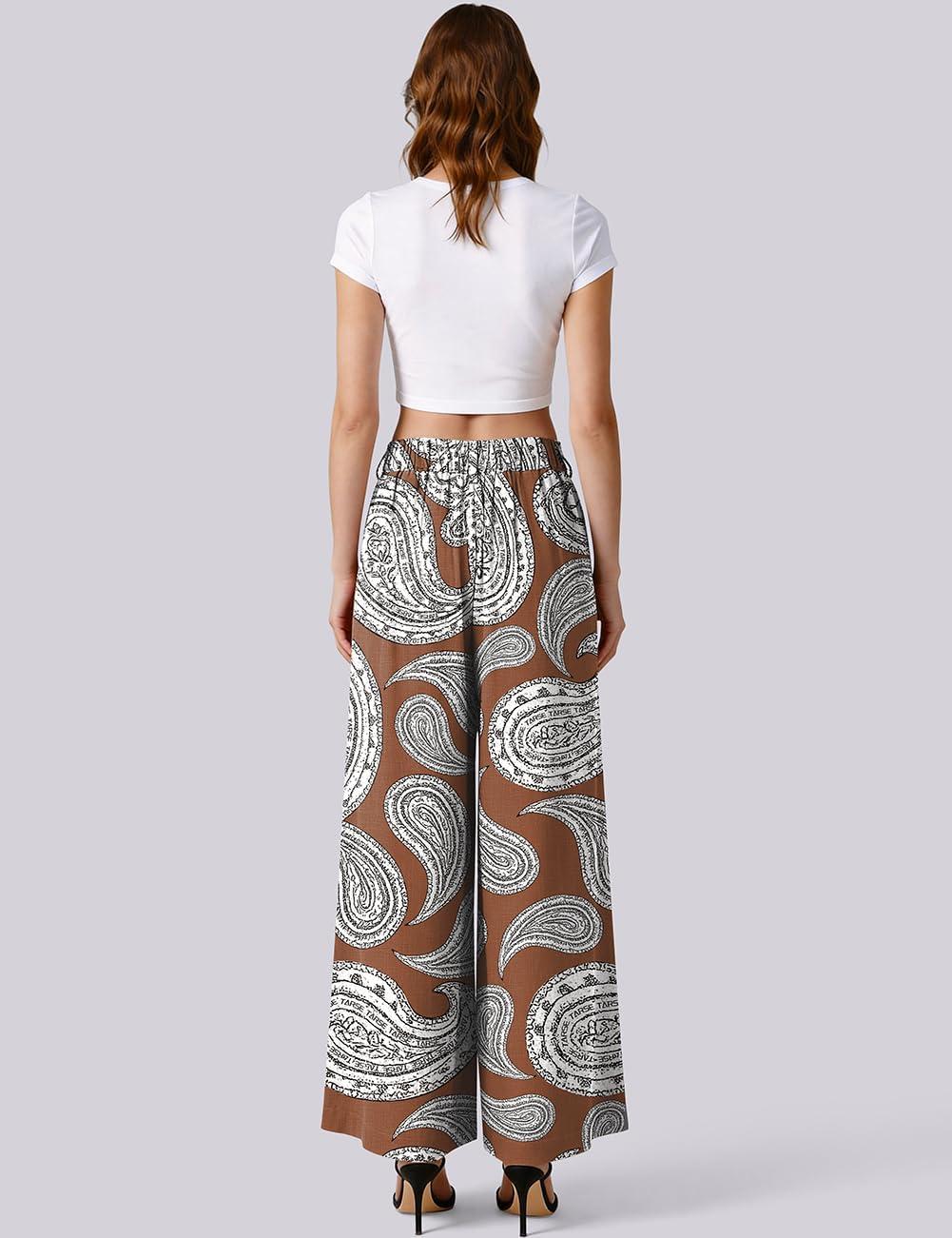 image:imageTARSE Womens Linen Palazzo Pants 2026 High Waist Wide Leg Printed Pleat Pants Woman Flowy Dressy Casual Pockets TrousersPaisleycoffee