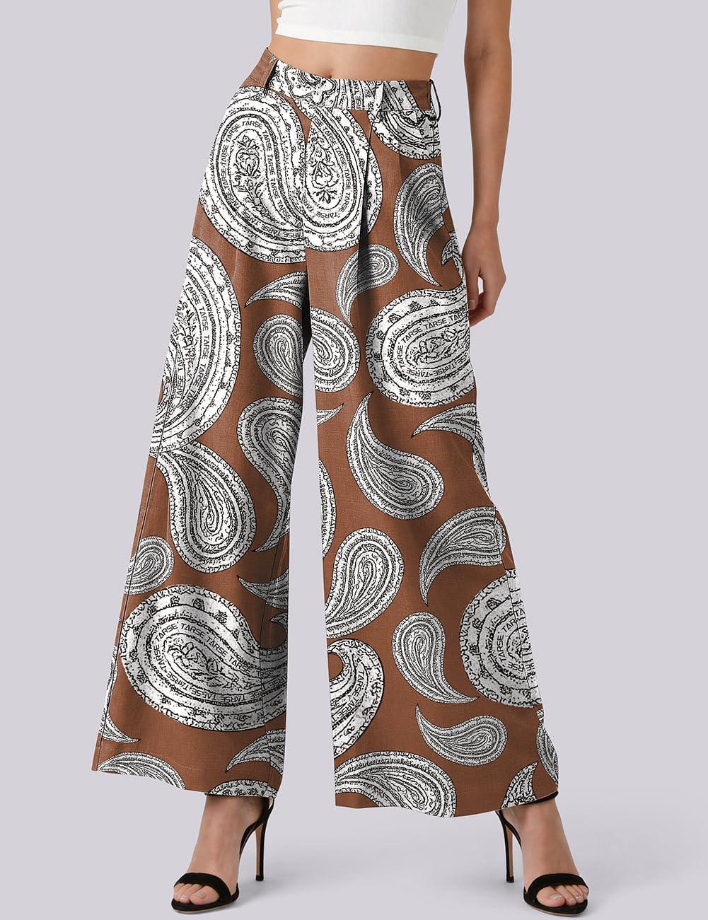 image:imageTARSE Womens Linen Palazzo Pants 2026 High Waist Wide Leg Printed Pleat Pants Woman Flowy Dressy Casual Pockets TrousersPaisleycoffee