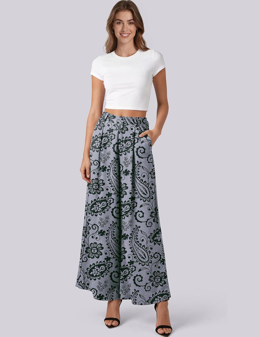 image:imageTARSE Womens Linen Palazzo Pants 2026 High Waist Wide Leg Printed Pleat Pants Woman Flowy Dressy Casual Pockets TrousersPaisleygray