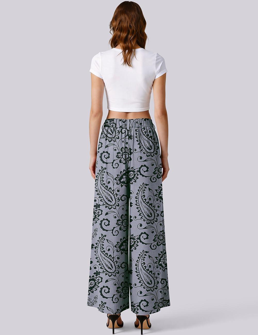 image:imageTARSE Womens Linen Palazzo Pants 2026 High Waist Wide Leg Printed Pleat Pants Woman Flowy Dressy Casual Pockets TrousersPaisleygray