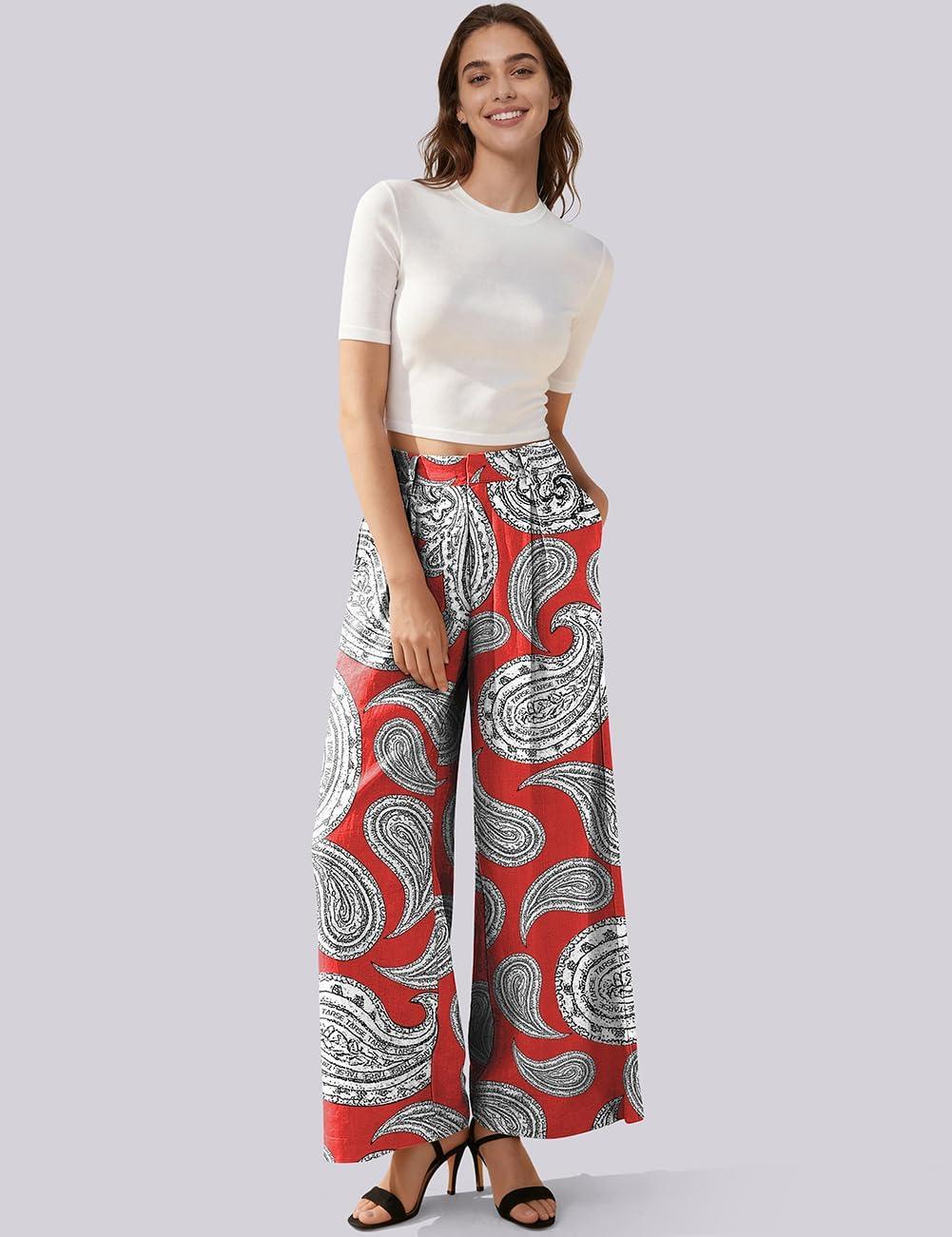 image:imageTARSE Womens Linen Palazzo Pants 2026 High Waist Wide Leg Printed Pleat Pants Woman Flowy Dressy Casual Pockets TrousersPaisleyred