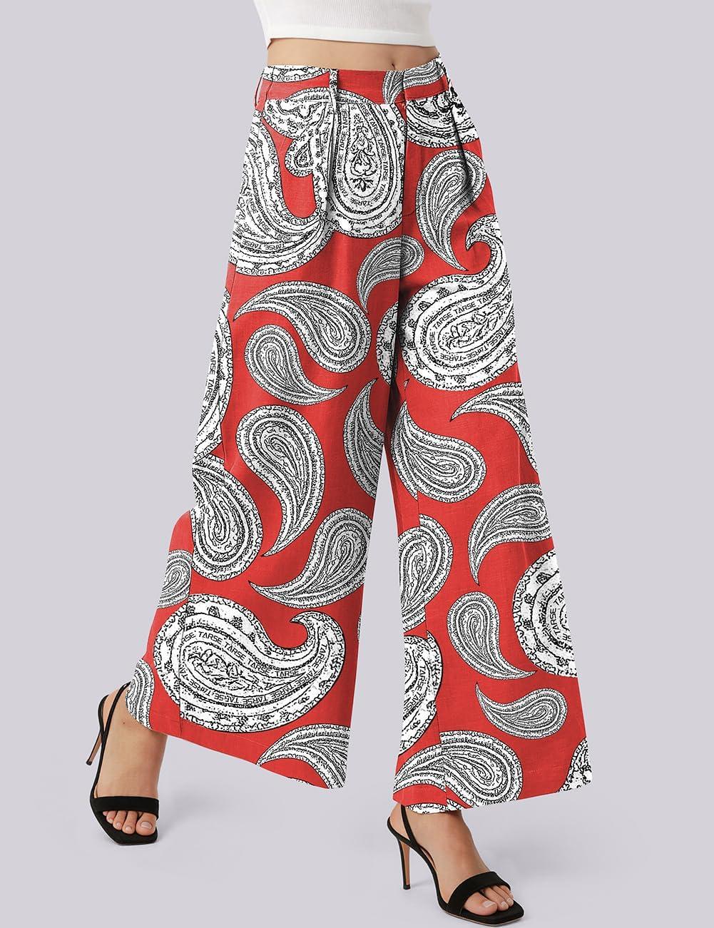 image:imageTARSE Womens Linen Palazzo Pants 2026 High Waist Wide Leg Printed Pleat Pants Woman Flowy Dressy Casual Pockets TrousersPaisleyred