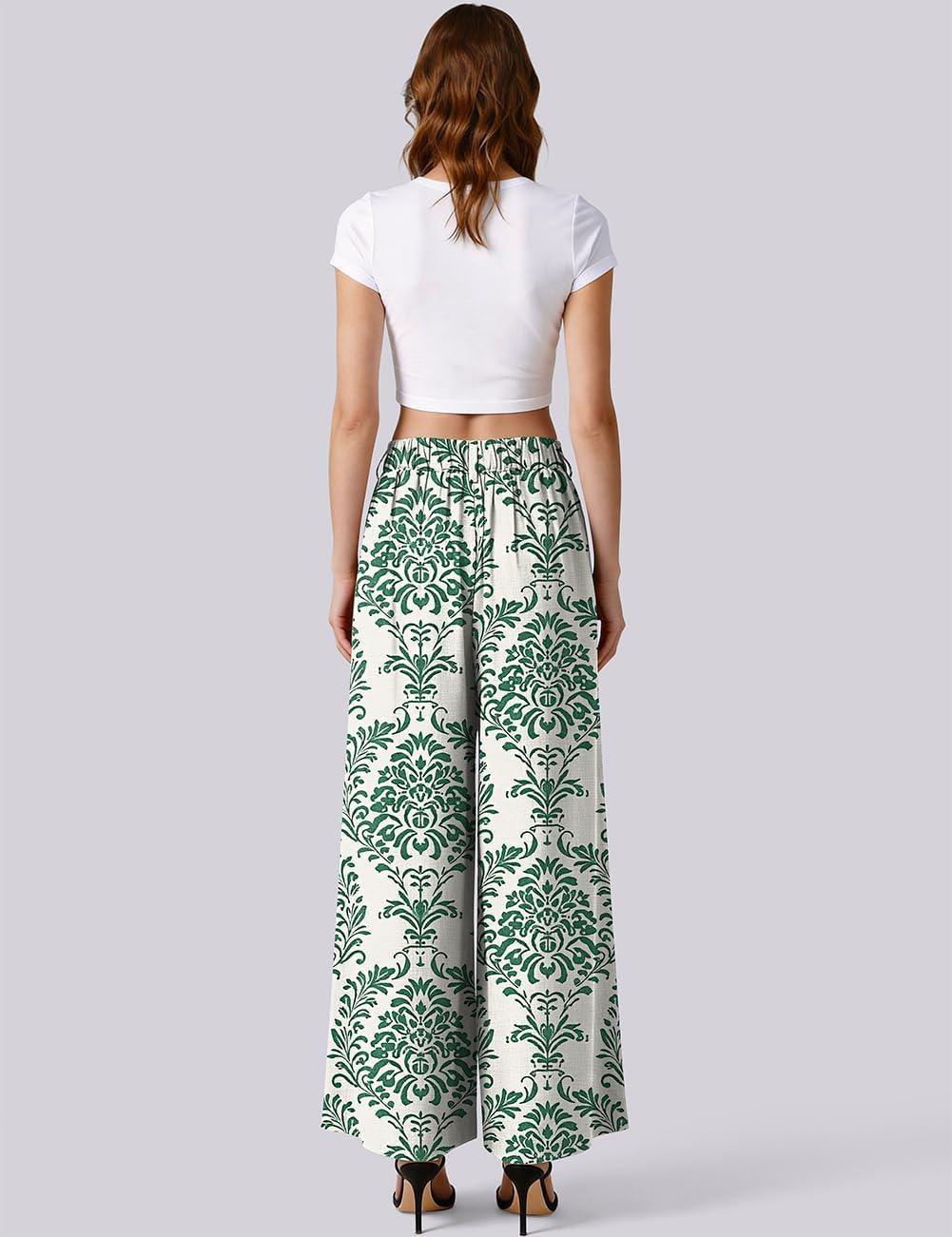 image:imageTARSE Womens Linen Palazzo Pants 2026 High Waist Wide Leg Printed Pleat Pants Woman Flowy Dressy Casual Pockets TrousersPalazzogreen