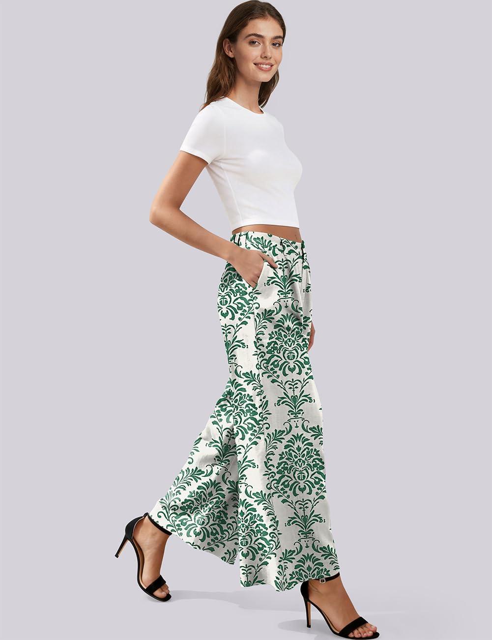 image:imageTARSE Womens Linen Palazzo Pants 2026 High Waist Wide Leg Printed Pleat Pants Woman Flowy Dressy Casual Pockets TrousersPalazzogreen
