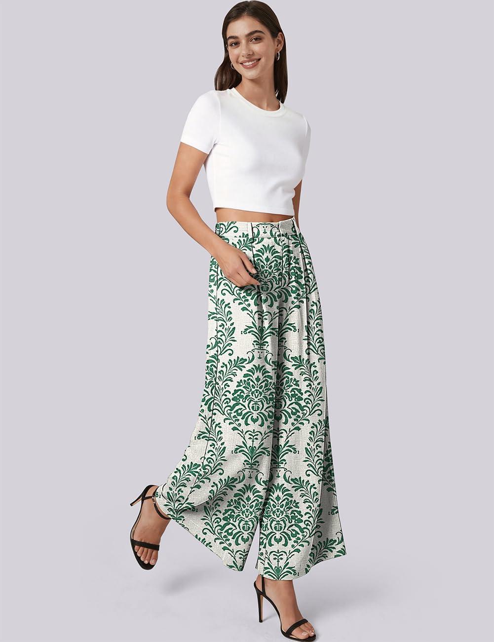 image:imageTARSE Womens Linen Palazzo Pants 2026 High Waist Wide Leg Printed Pleat Pants Woman Flowy Dressy Casual Pockets TrousersPalazzogreen