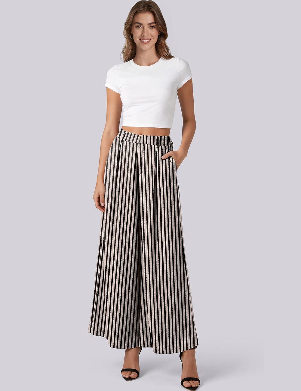 image:imageTARSE Womens Linen Palazzo Pants 2026 High Waist Wide Leg Printed Pleat Pants Woman Flowy Dressy Casual Pockets TrousersStripeblackbeige