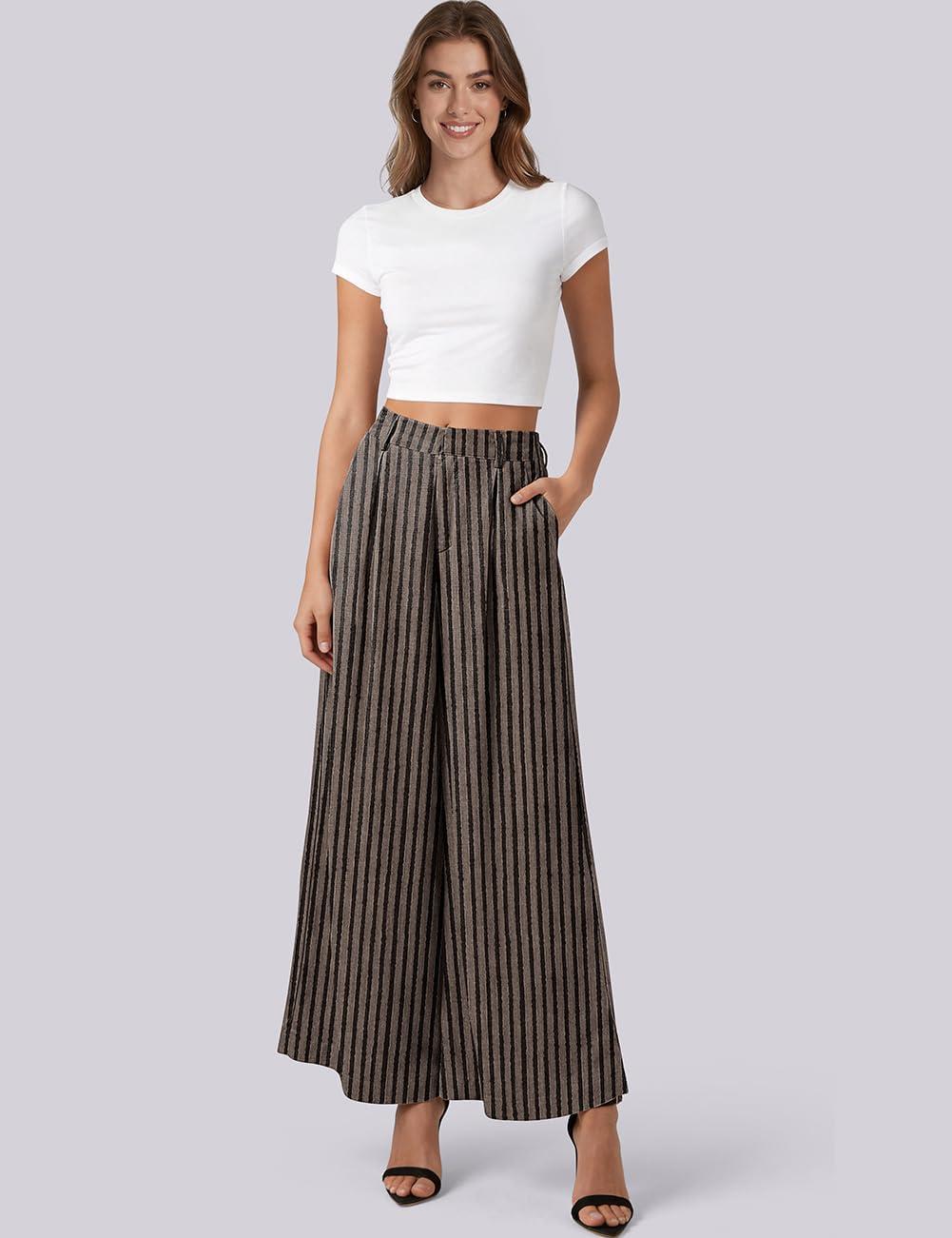 image:imageTARSE Womens Linen Palazzo Pants 2026 High Waist Wide Leg Printed Pleat Pants Woman Flowy Dressy Casual Pockets TrousersStripeblackkhaki