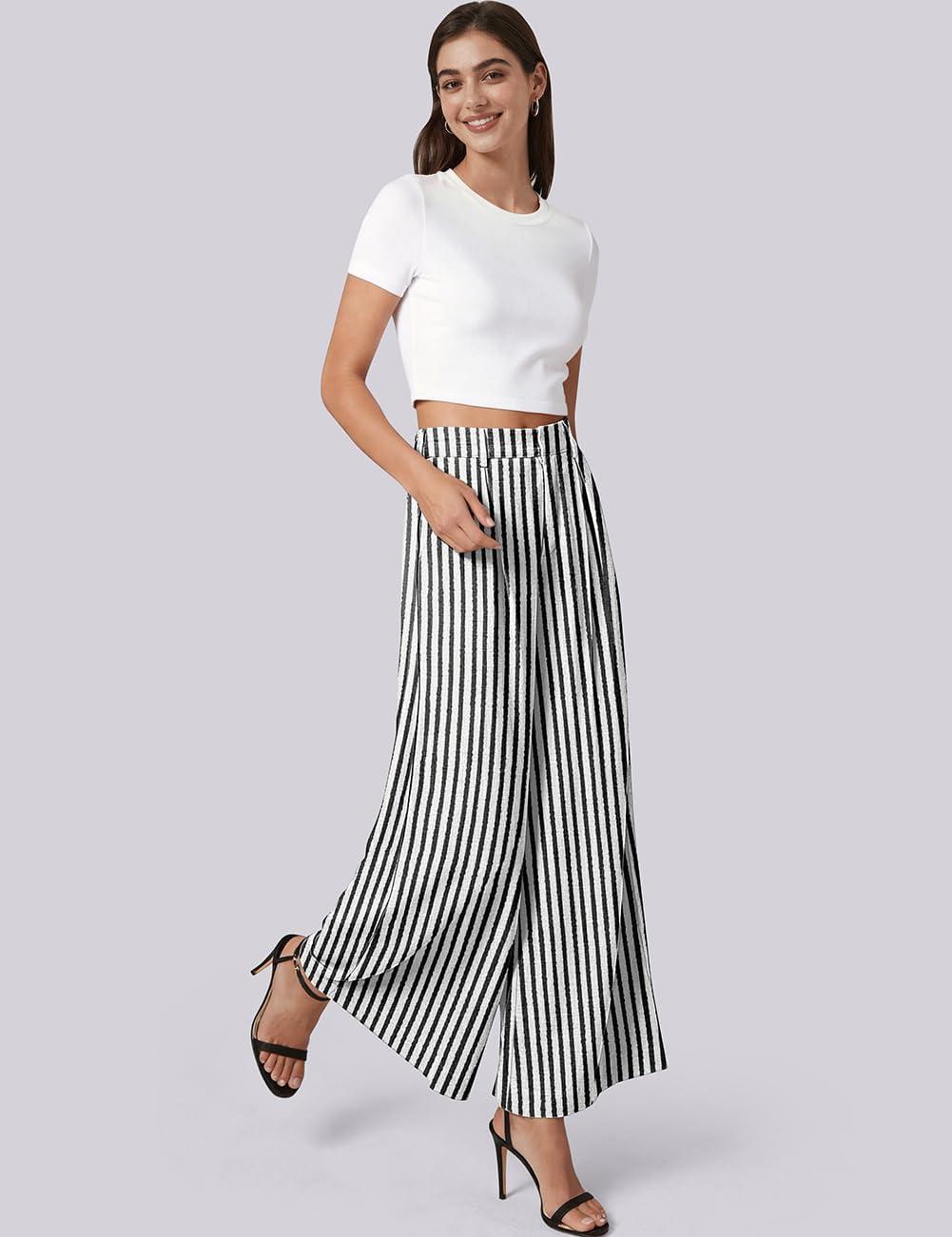 image:imageTARSE Womens Linen Palazzo Pants 2026 High Waist Wide Leg Printed Pleat Pants Woman Flowy Dressy Casual Pockets TrousersStripeblackwhite