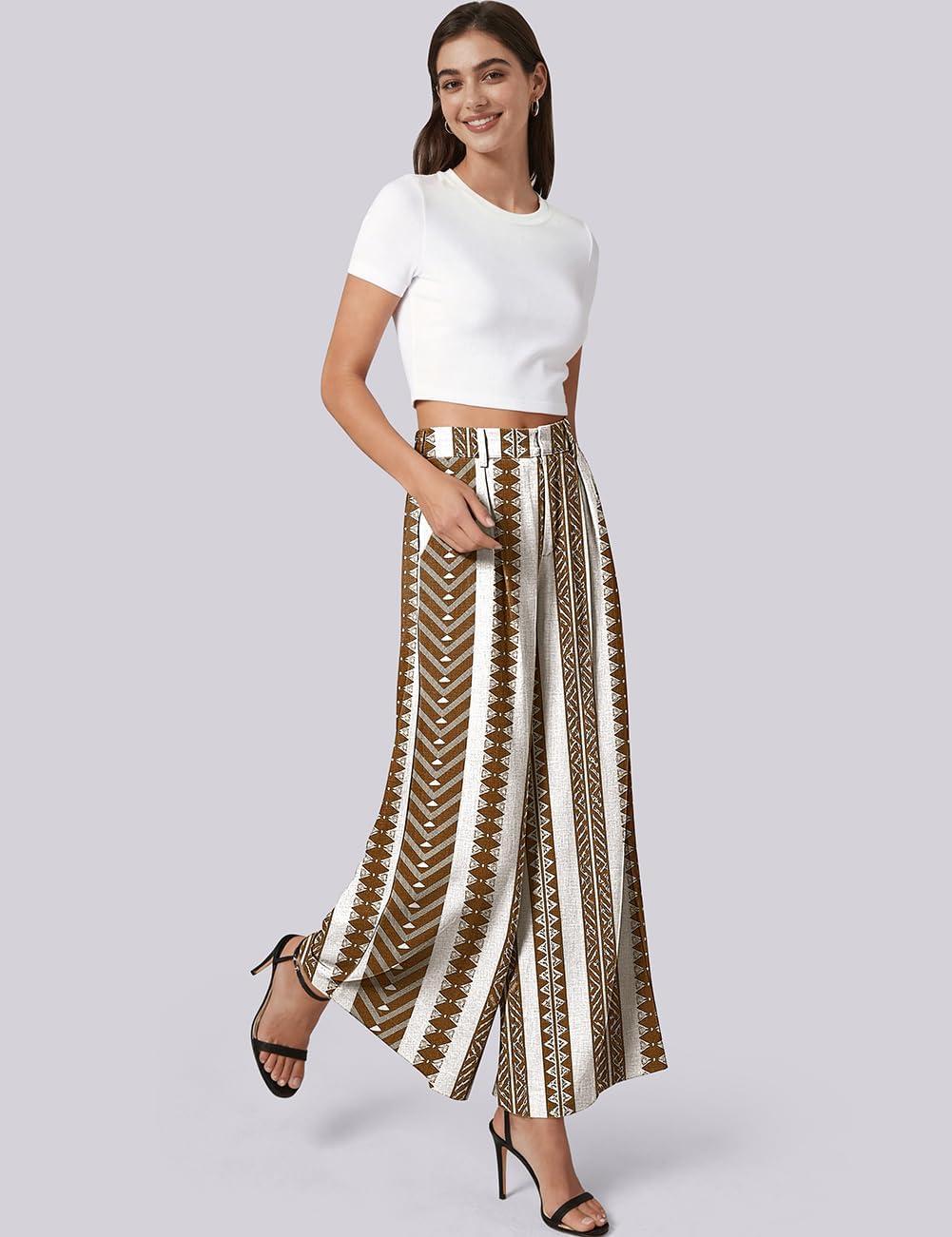 image:imageTARSE Womens Linen Palazzo Pants 2026 High Waist Wide Leg Printed Pleat Pants Woman Flowy Dressy Casual Pockets TrousersStripecoffee