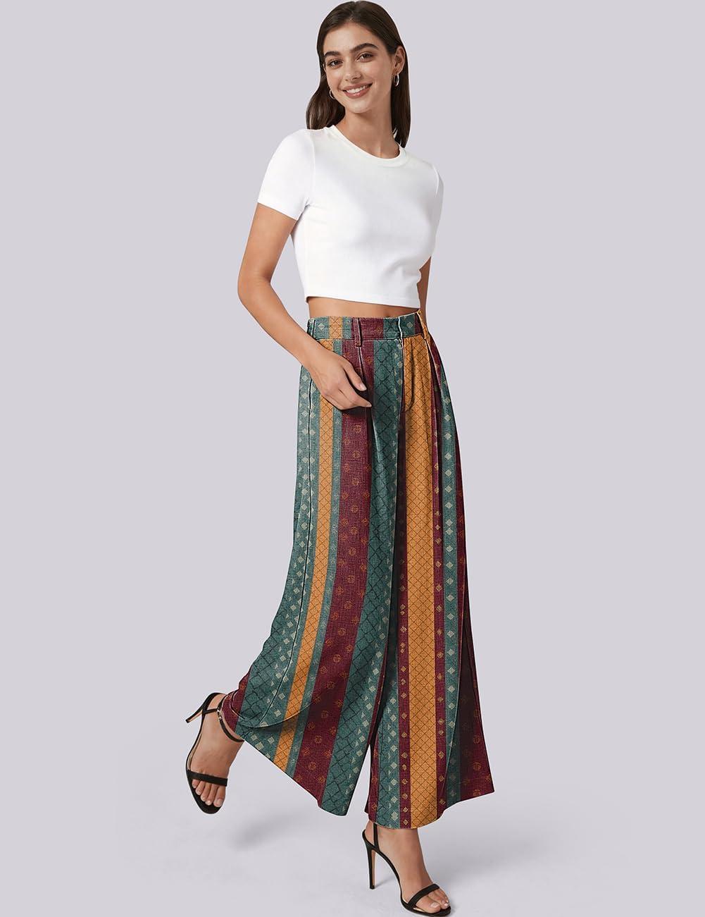 image:imageTARSE Womens Linen Palazzo Pants 2026 High Waist Wide Leg Printed Pleat Pants Woman Flowy Dressy Casual Pockets TrousersStripecolorful