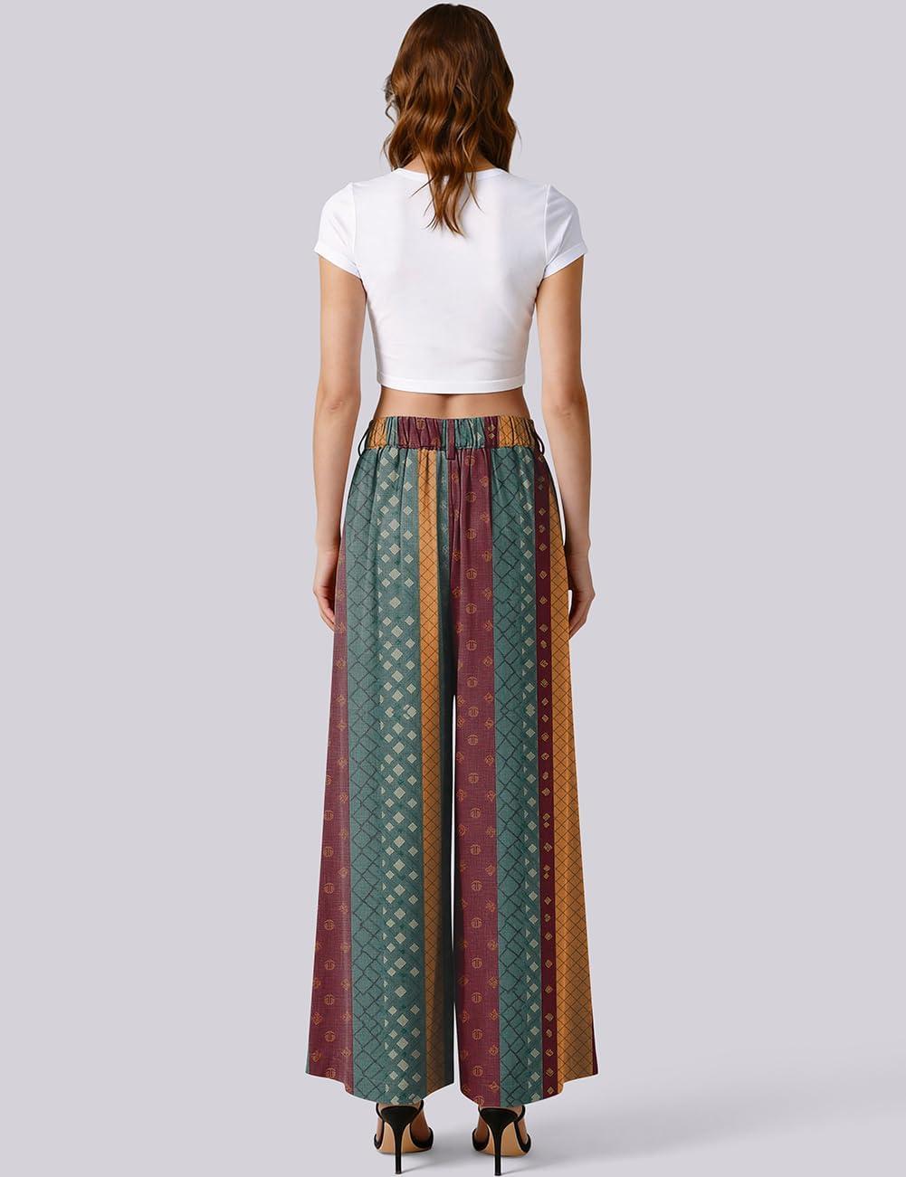 image:imageTARSE Womens Linen Palazzo Pants 2026 High Waist Wide Leg Printed Pleat Pants Woman Flowy Dressy Casual Pockets TrousersStripecolorful