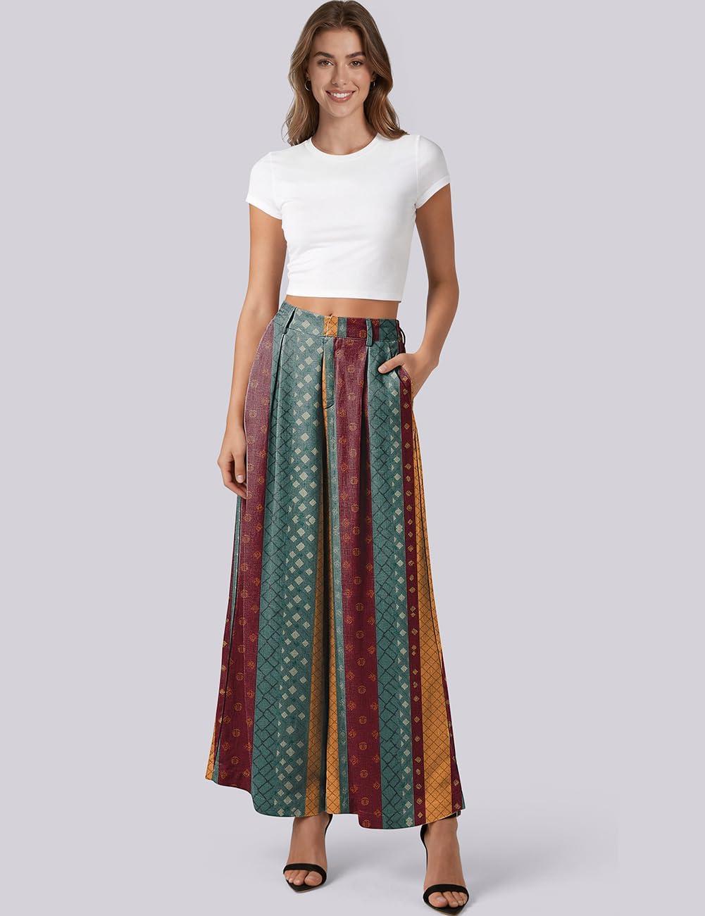 image:imageTARSE Womens Linen Palazzo Pants 2026 High Waist Wide Leg Printed Pleat Pants Woman Flowy Dressy Casual Pockets TrousersStripecolorful
