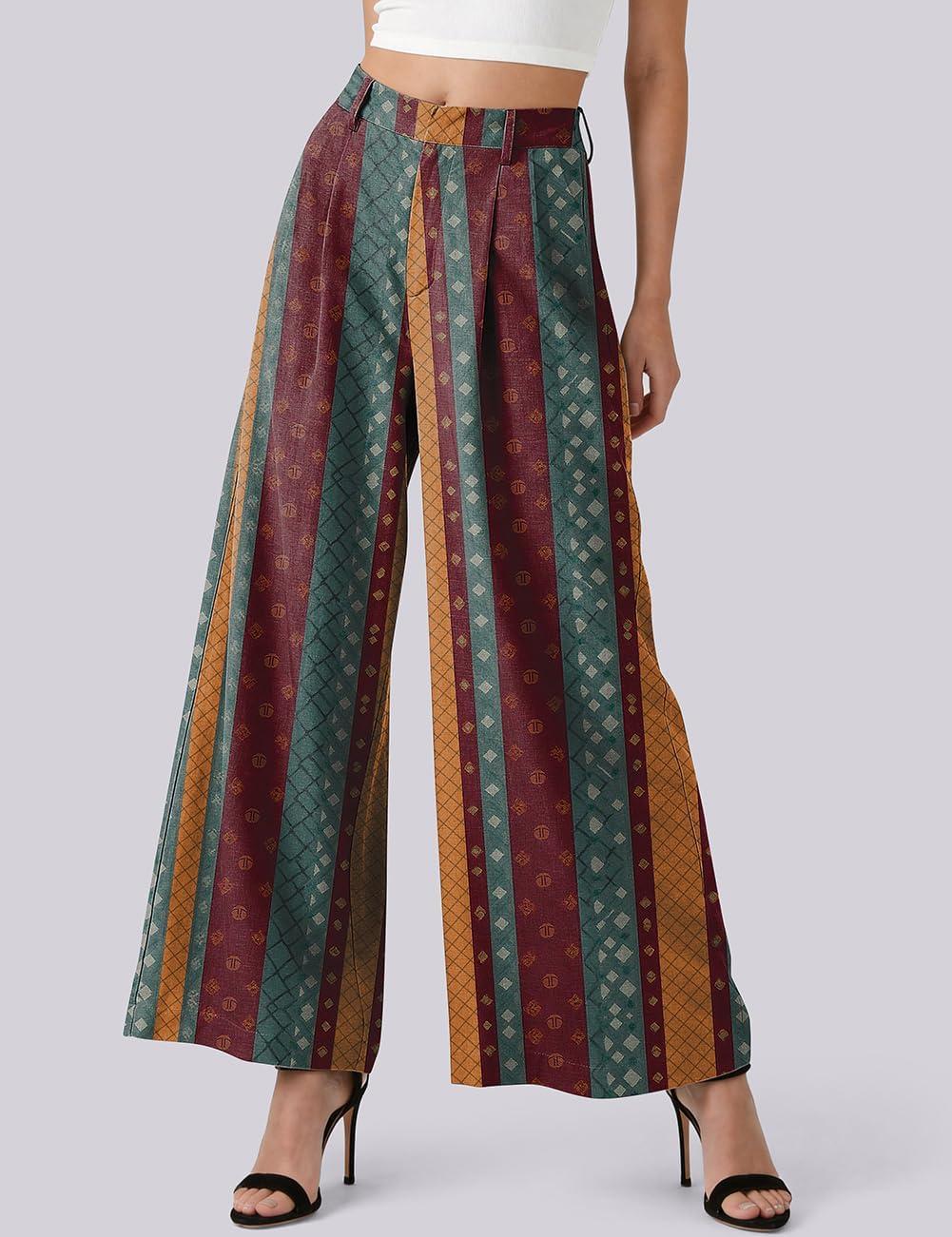 image:imageTARSE Womens Linen Palazzo Pants 2026 High Waist Wide Leg Printed Pleat Pants Woman Flowy Dressy Casual Pockets TrousersStripecolorful