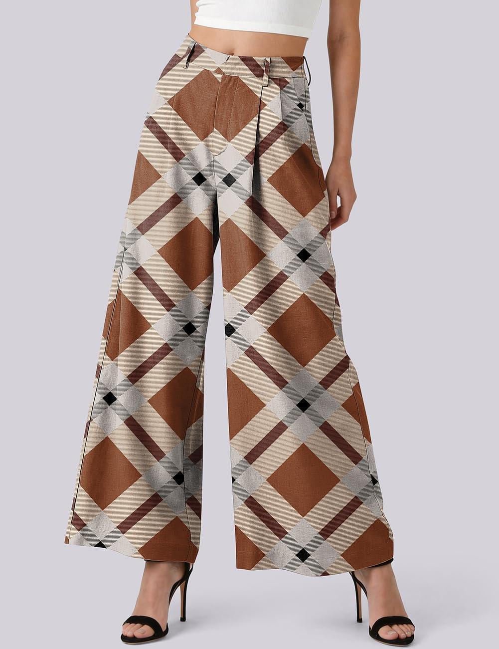 image:imageTARSE Womens Linen Palazzo Pants 2026 High Waist Wide Leg Printed Pleat Pants Woman Flowy Dressy Casual Pockets TrousersTwillflangeorangegray