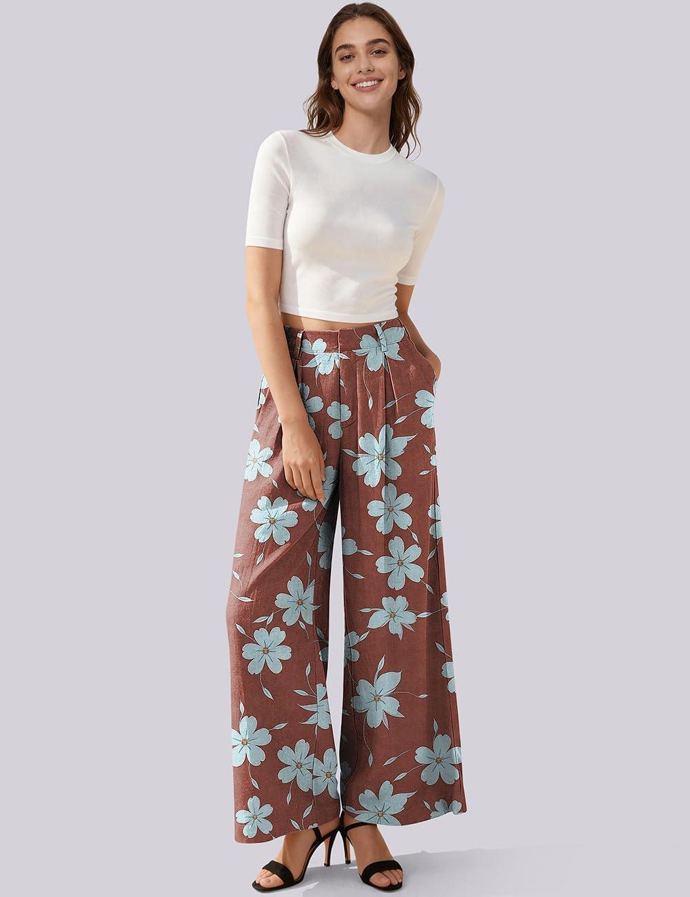 image:imageTARSE Womens Linen Palazzo Pants 2026 High Waist Wide Leg Printed Pleat Pants Woman Flowy Dressy Casual Pockets TrousersWinebluefloral