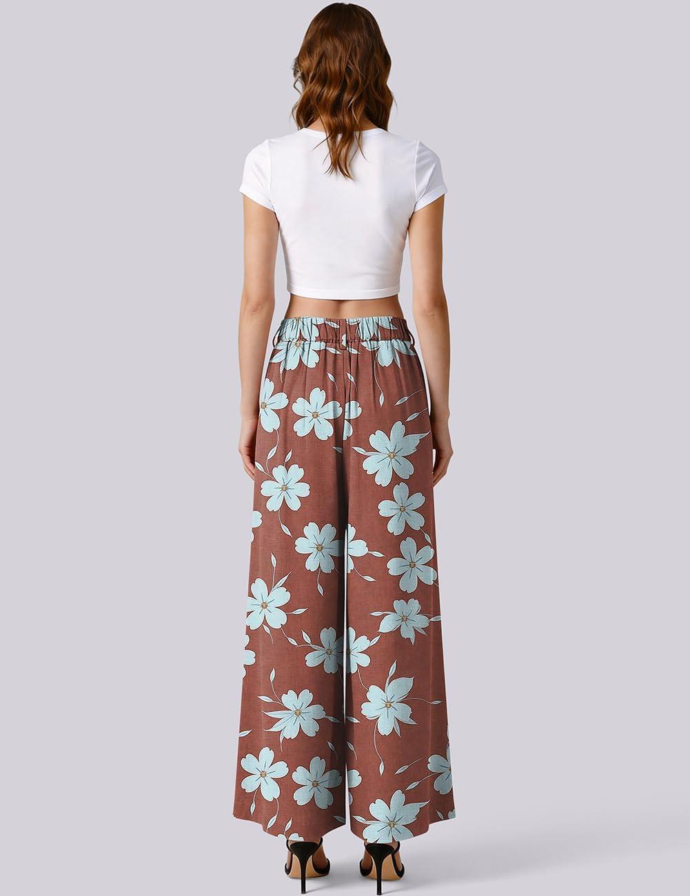 image:imageTARSE Womens Linen Palazzo Pants 2026 High Waist Wide Leg Printed Pleat Pants Woman Flowy Dressy Casual Pockets TrousersWinebluefloral