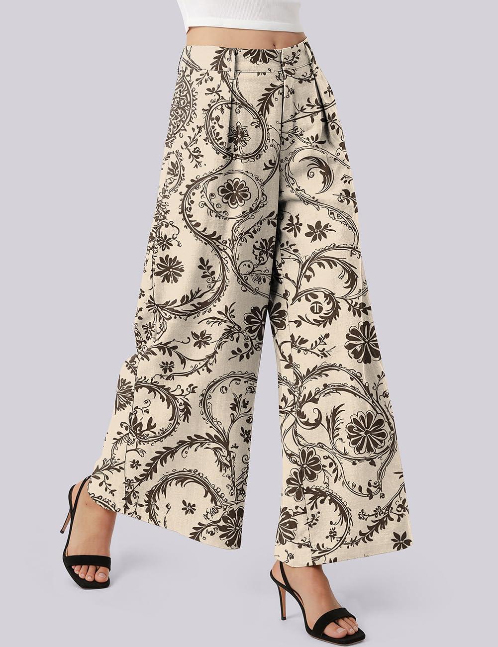 image:imageTARSE Womens Linen Palazzo Pants 2026 High Waist Wide Leg Printed Pleat Pants Woman Flowy Dressy Casual Pockets TrousersWinebrown