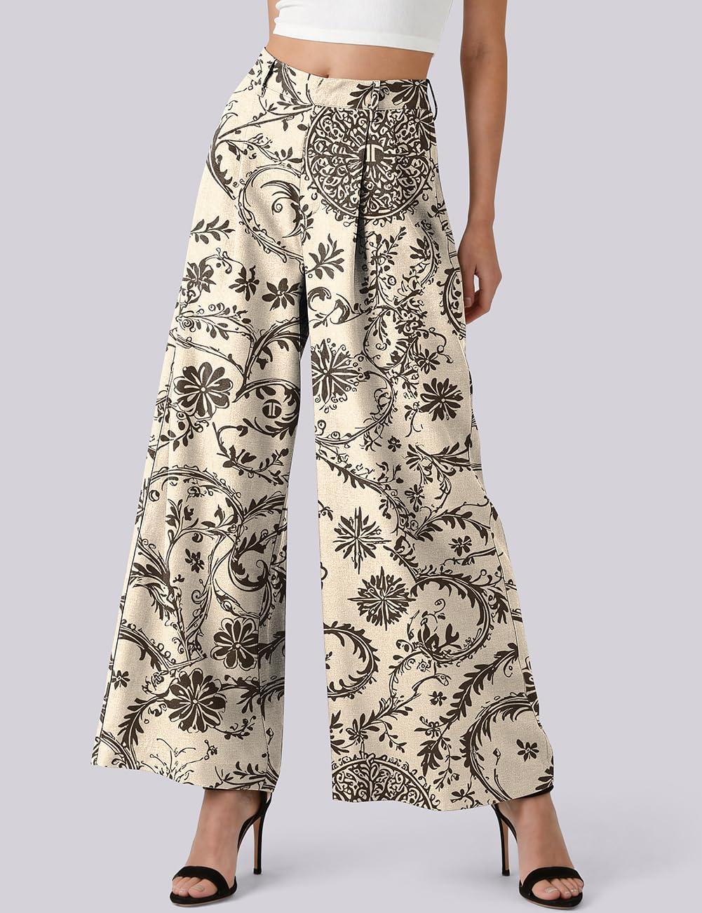 image:imageTARSE Womens Linen Palazzo Pants 2026 High Waist Wide Leg Printed Pleat Pants Woman Flowy Dressy Casual Pockets TrousersWinebrown