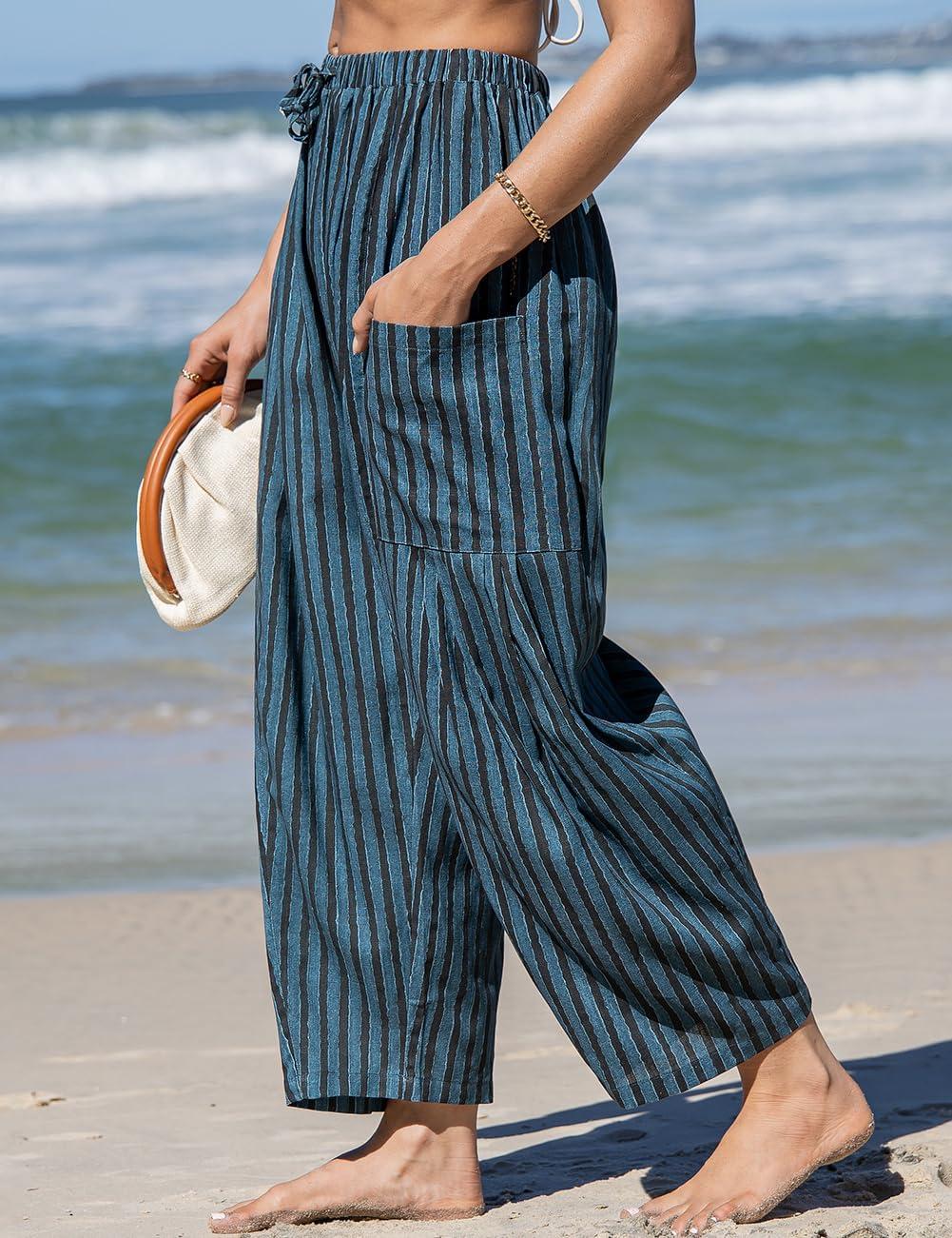 image:imageTARSE Womens Linen Wide Leg Pants Casual Loose Drawstring Summer 2026 Beach Travel Vacation Palazzo Harem Pants with PocketsBlack Blue Striped