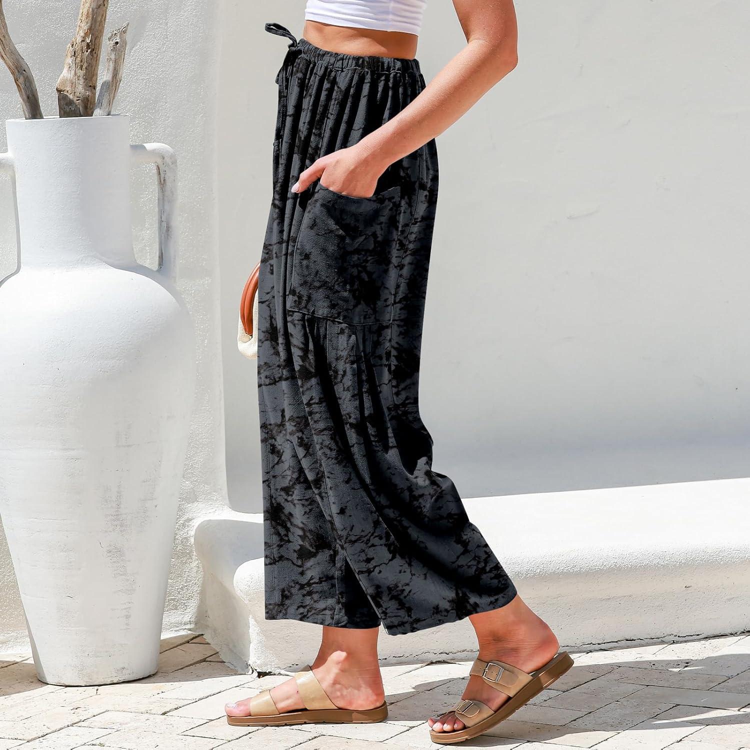 image:imageTARSE Womens Linen Wide Leg Pants Casual Loose Drawstring Summer 2026 Beach Travel Vacation Palazzo Harem Pants with PocketsMarble Gray