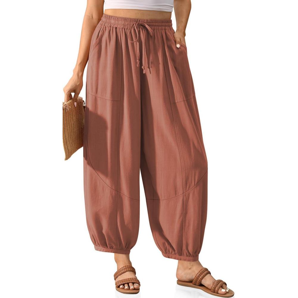 image:imageTARSE Womens Linen Barrel Harem Pants Casual Wide Leg Baggy Drawstring Boho Summer Beach Palazzo Travel PantsRust
