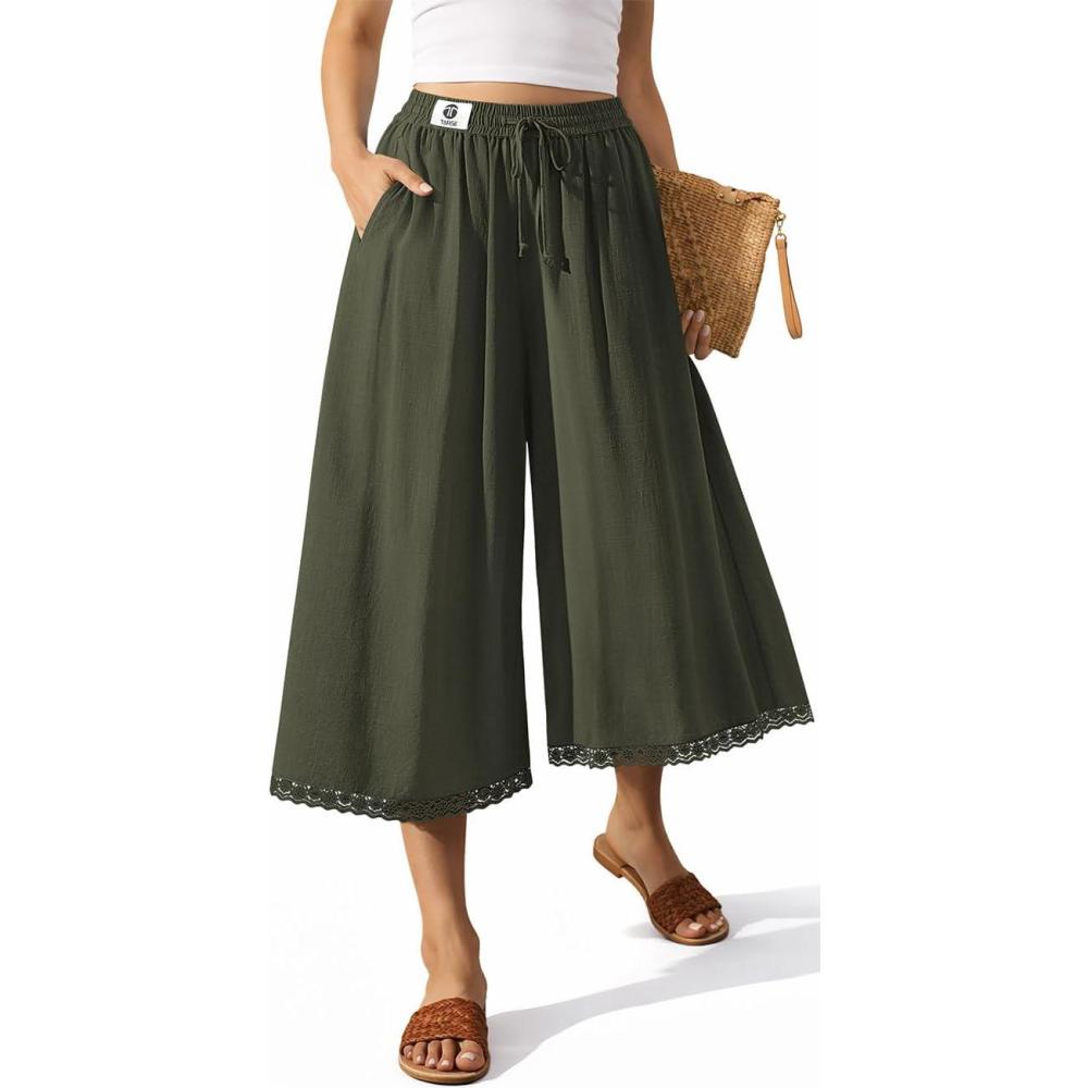 image:imageTARSE Womens Linen Capri Pants Wide Leg Flowy Culottes Summer Casual Lightweight Elastic Waist Drawstring with PocketsArmy Green