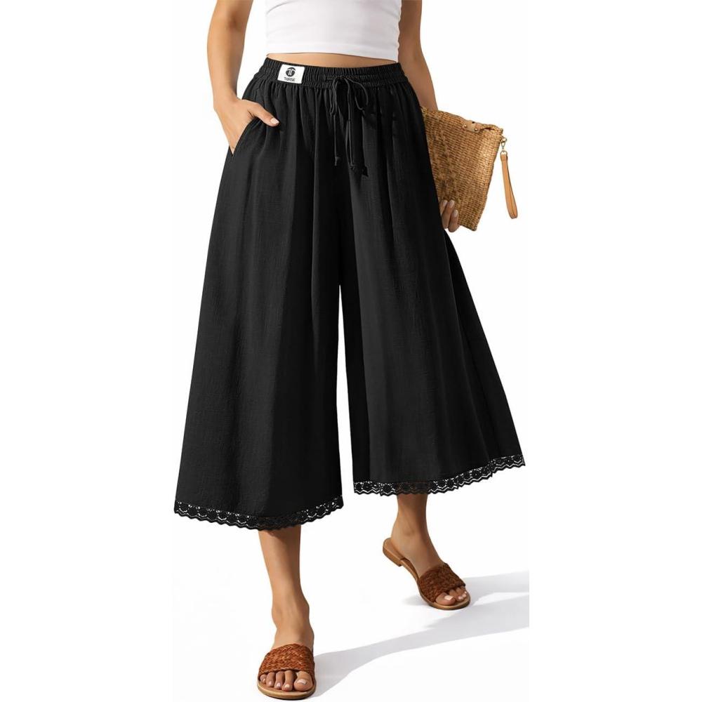 image:imageTARSE Womens Linen Capri Pants Wide Leg Flowy Culottes Summer Casual Lightweight Elastic Waist Drawstring with PocketsBlack
