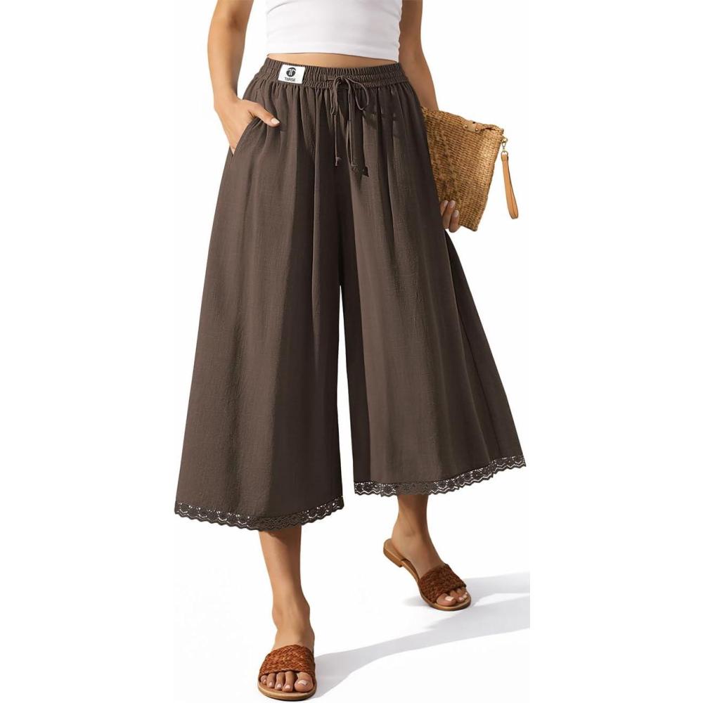 image:imageTARSE Womens Linen Capri Pants Wide Leg Flowy Culottes Summer Casual Lightweight Elastic Waist Drawstring with PocketsDark Coffee