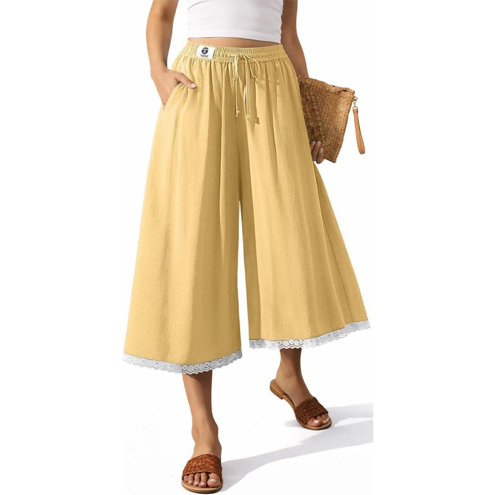 image:imageTARSE Womens Linen Capri Pants Wide Leg Flowy Culottes Summer Casual Lightweight Elastic Waist Drawstring with PocketsRust Yellow