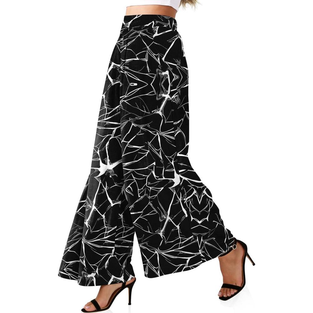 image:imageTARSE Womens Linen Palazzo Pants 2026 High Waist Wide Leg Printed Pleat Pants Woman Flowy Dressy Casual Pockets TrousersLeafstemblack