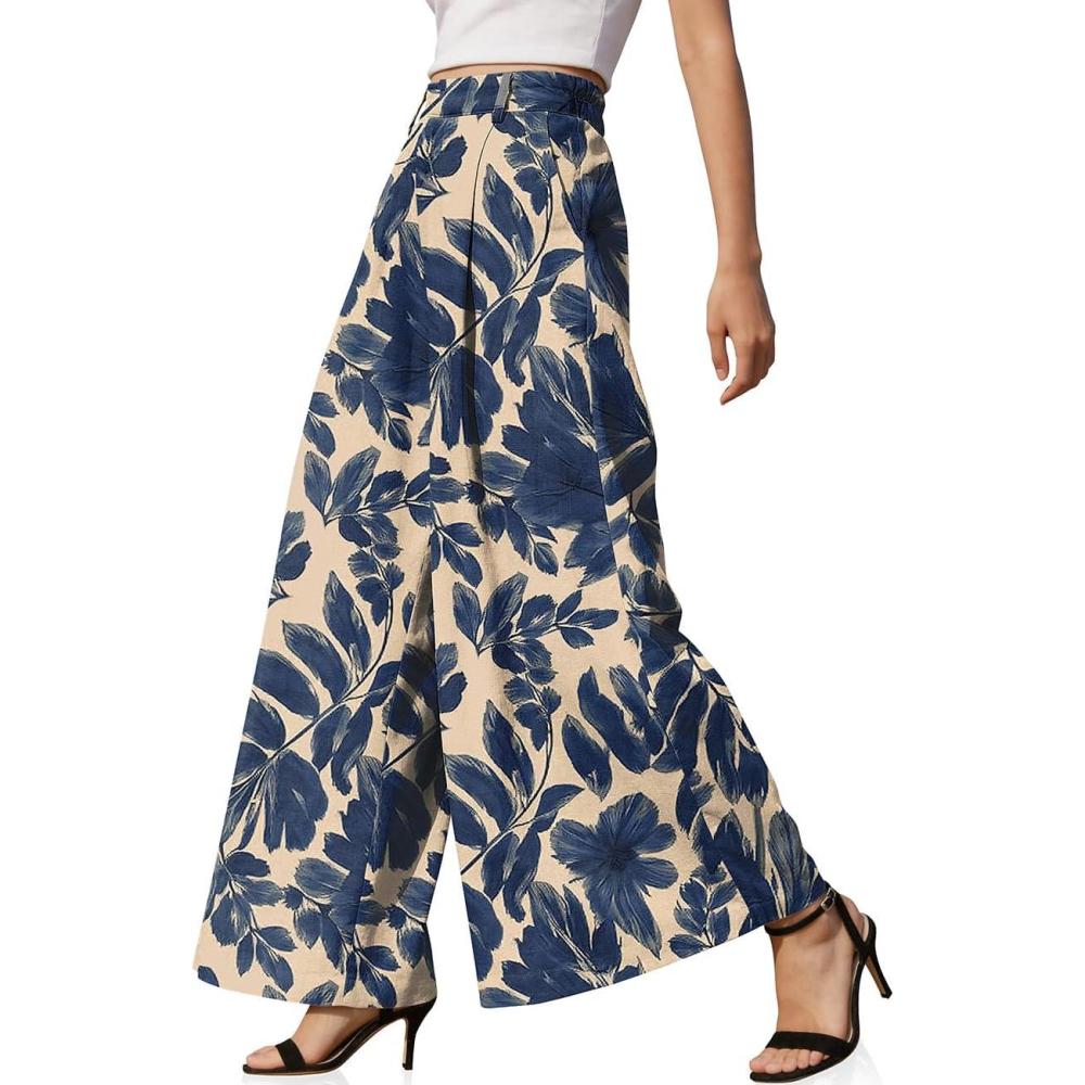 image:imageTARSE Womens Linen Palazzo Pants 2026 High Waist Wide Leg Printed Pleat Pants Woman Flowy Dressy Casual Pockets TrousersNavyleavepaint1