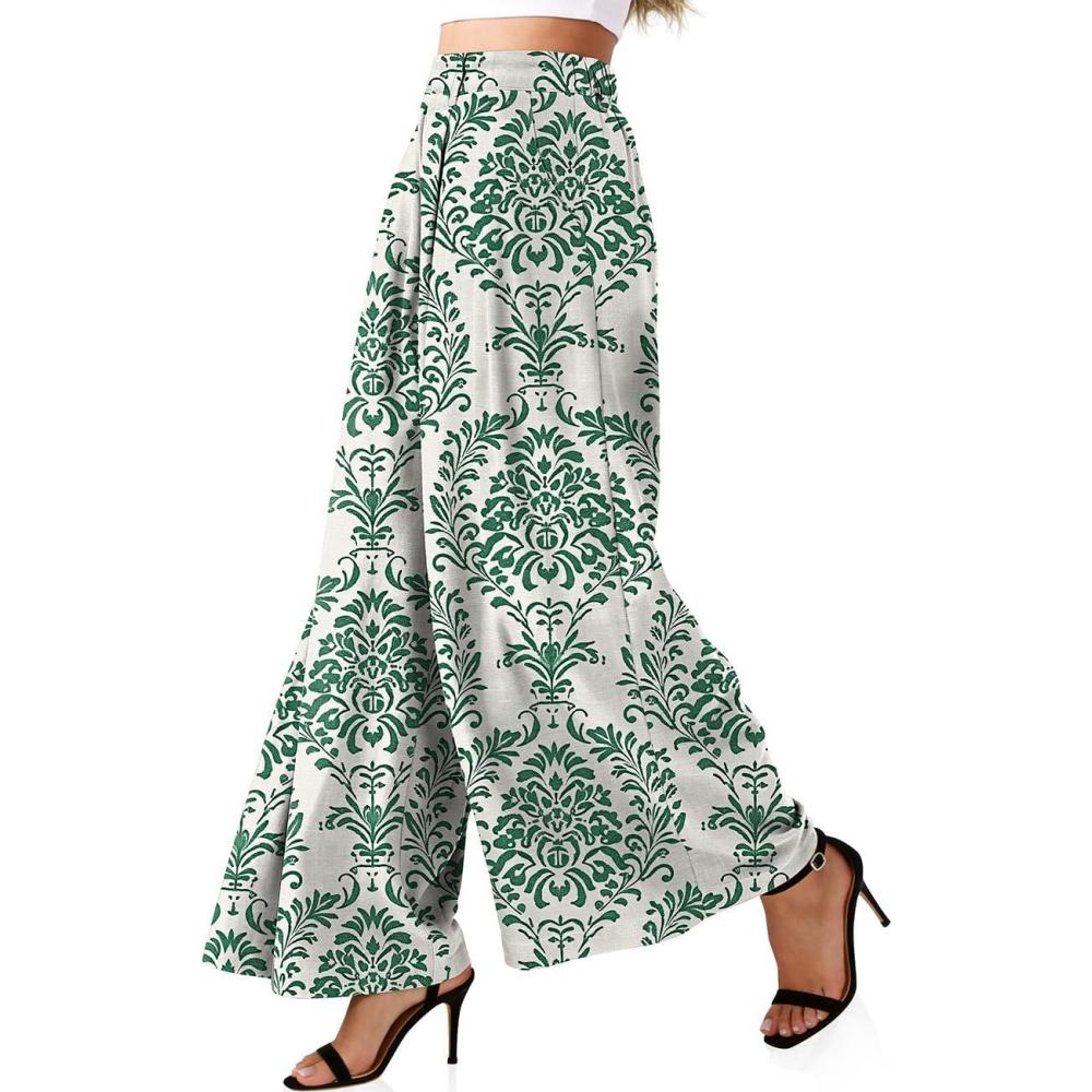 image:imageTARSE Womens Linen Palazzo Pants 2026 High Waist Wide Leg Printed Pleat Pants Woman Flowy Dressy Casual Pockets TrousersPalazzogreen