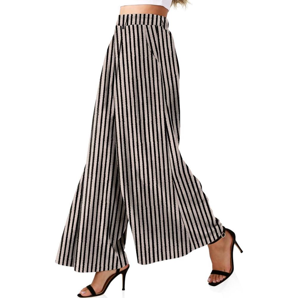 image:imageTARSE Womens Linen Palazzo Pants 2026 High Waist Wide Leg Printed Pleat Pants Woman Flowy Dressy Casual Pockets TrousersStripeblackbeige
