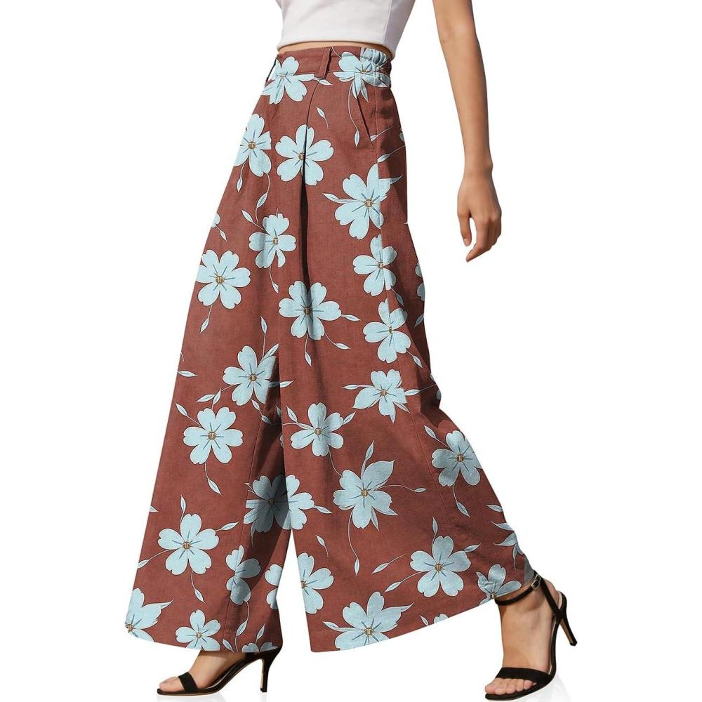 image:imageTARSE Womens Linen Palazzo Pants 2026 High Waist Wide Leg Printed Pleat Pants Woman Flowy Dressy Casual Pockets TrousersWinebluefloral