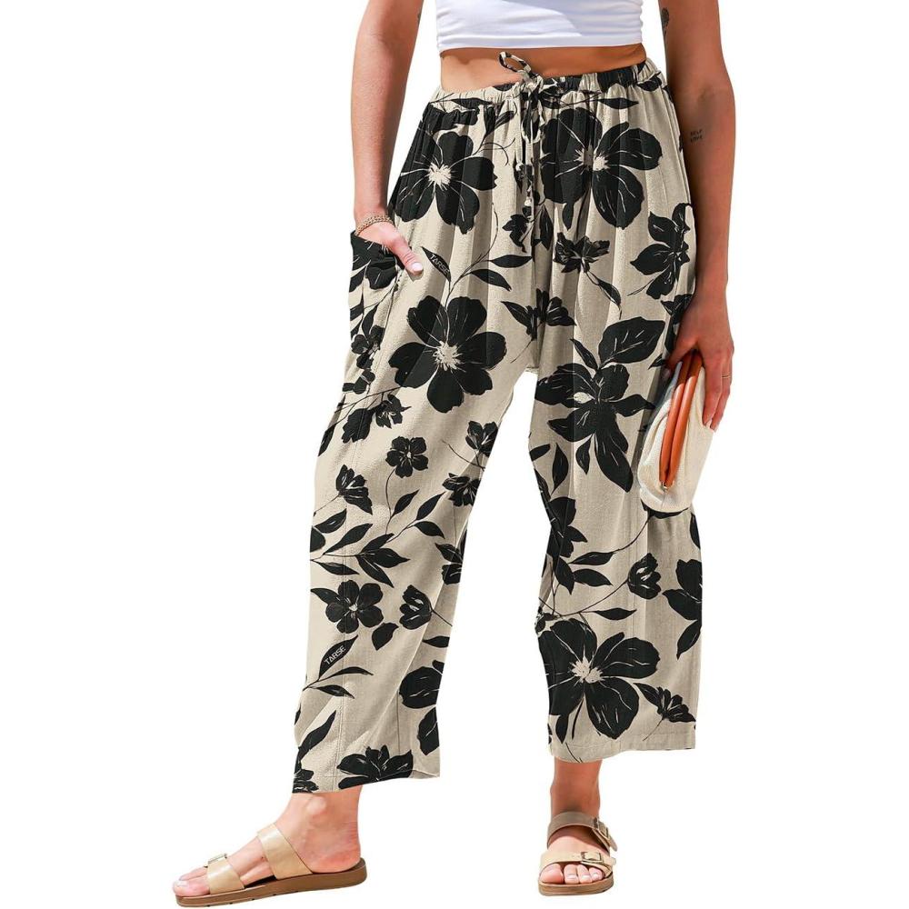 image:imageTARSE Womens Linen Wide Leg Pants Casual Loose Drawstring Summer 2026 Beach Travel Vacation Palazzo Harem Pants with PocketsBlack Floral