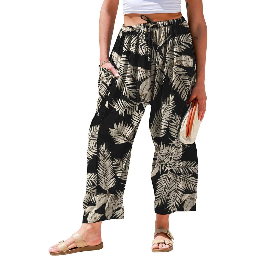 image:imageTARSE Womens Linen Wide Leg Pants Casual Loose Drawstring Summer 2026 Beach Travel Vacation Palazzo Harem Pants with PocketsBry Coconut Leave