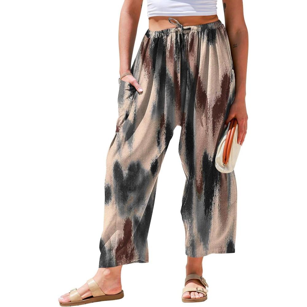 image:imageTARSE Womens Linen Wide Leg Pants Casual Loose Drawstring Summer 2026 Beach Travel Vacation Palazzo Harem Pants with PocketsColorful Paint