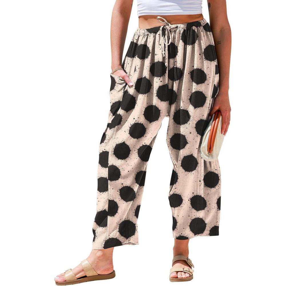 image:imageTARSE Womens Linen Wide Leg Pants Casual Loose Drawstring Summer 2026 Beach Travel Vacation Palazzo Harem Pants with PocketsDotv Black
