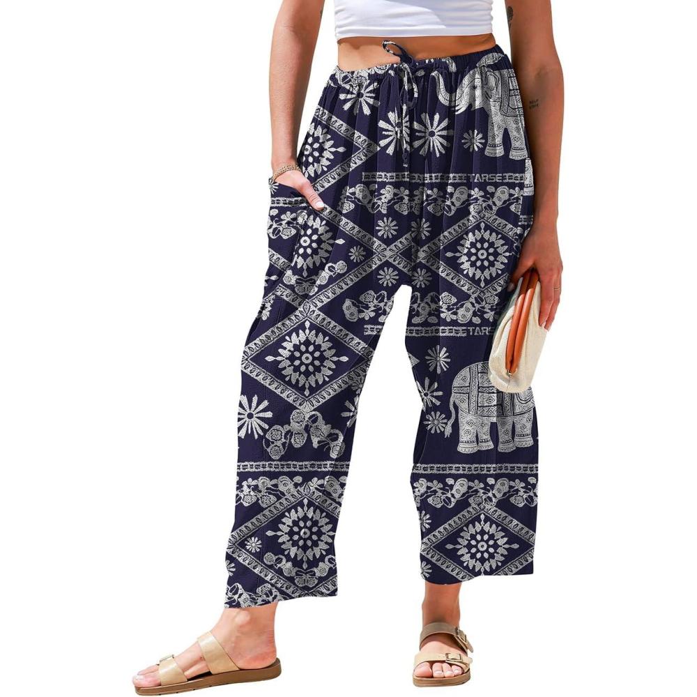 image:imageTARSE Womens Linen Wide Leg Pants Casual Loose Drawstring Summer 2026 Beach Travel Vacation Palazzo Harem Pants with PocketsElephant Navy