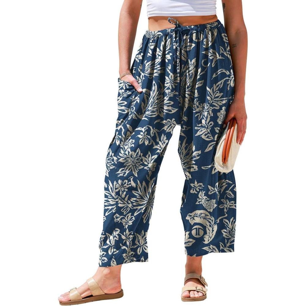 image:imageTARSE Womens Linen Wide Leg Pants Casual Loose Drawstring Summer 2026 Beach Travel Vacation Palazzo Harem Pants with PocketsFlower Leave Blue