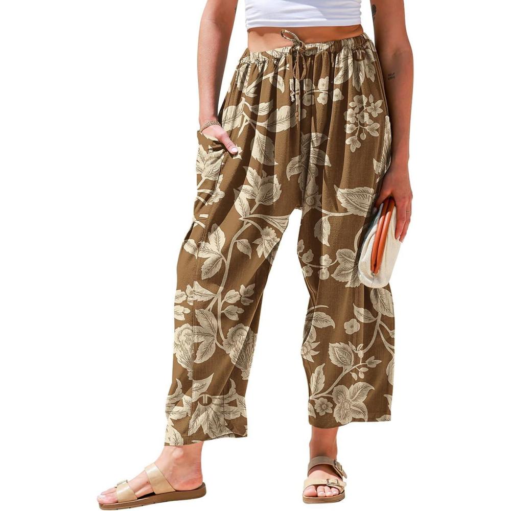 image:imageTARSE Womens Linen Wide Leg Pants Casual Loose Drawstring Summer 2026 Beach Travel Vacation Palazzo Harem Pants with PocketsFlower Leave Brown