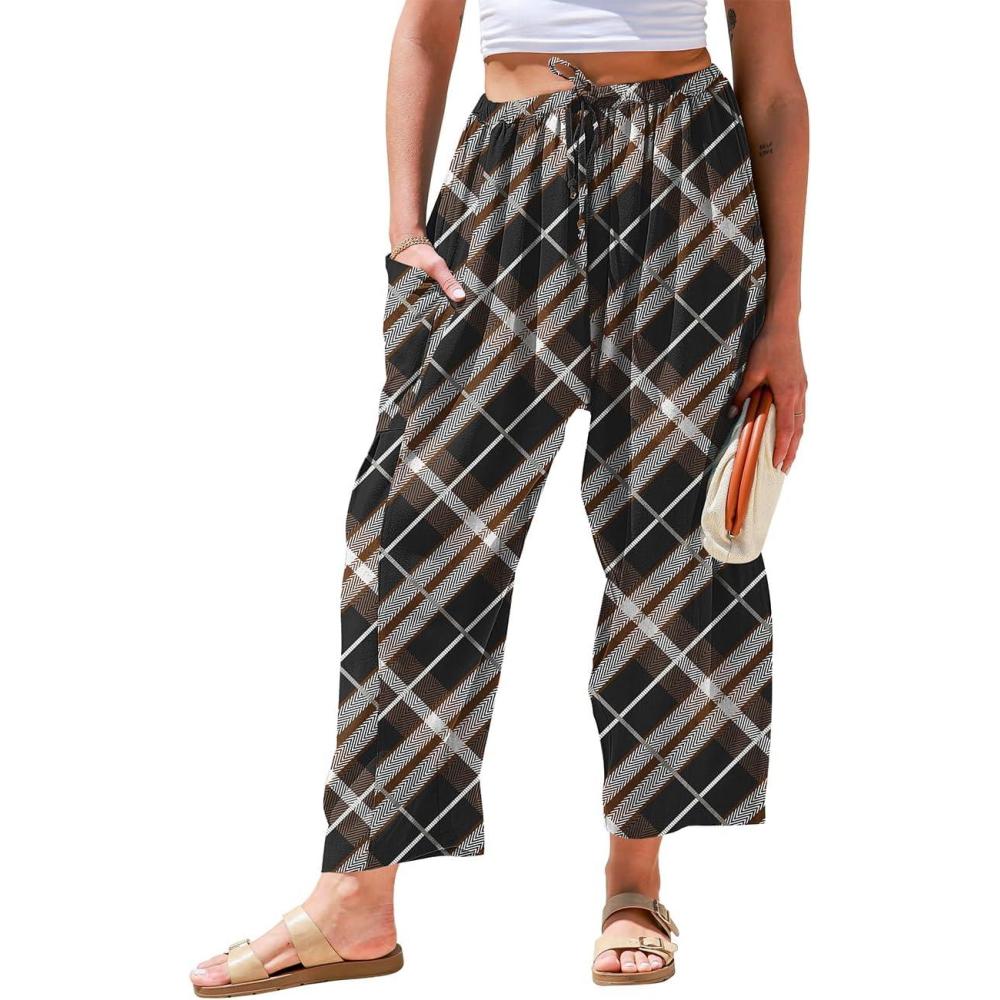 image:imageTARSE Womens Linen Wide Leg Pants Casual Loose Drawstring Summer 2026 Beach Travel Vacation Palazzo Harem Pants with PocketsHtwill Flange Black Coffee