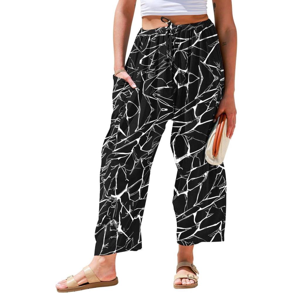 image:imageTARSE Womens Linen Wide Leg Pants Casual Loose Drawstring Summer 2026 Beach Travel Vacation Palazzo Harem Pants with PocketsLeaf Stem Black