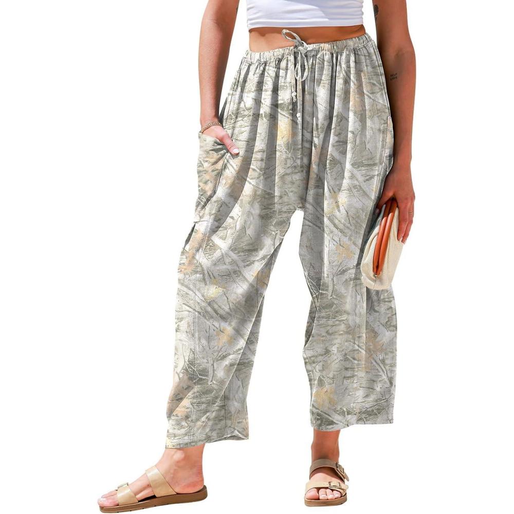 image:imageTARSE Womens Linen Wide Leg Pants Casual Loose Drawstring Summer 2026 Beach Travel Vacation Palazzo Harem Pants with PocketsMaplelea Apricot