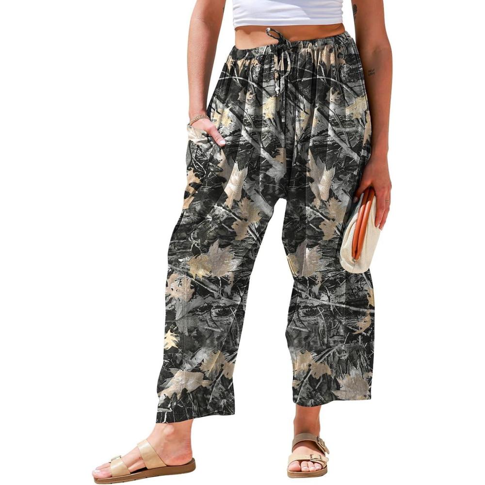 image:imageTARSE Womens Linen Wide Leg Pants Casual Loose Drawstring Summer 2026 Beach Travel Vacation Palazzo Harem Pants with PocketsMaplelea Black