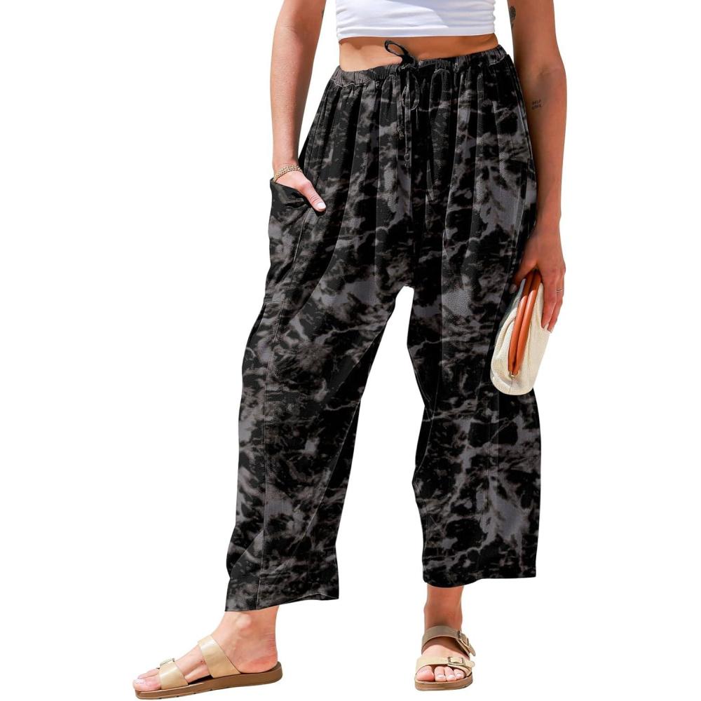 image:imageTARSE Womens Linen Wide Leg Pants Casual Loose Drawstring Summer 2026 Beach Travel Vacation Palazzo Harem Pants with PocketsMarble Coffee