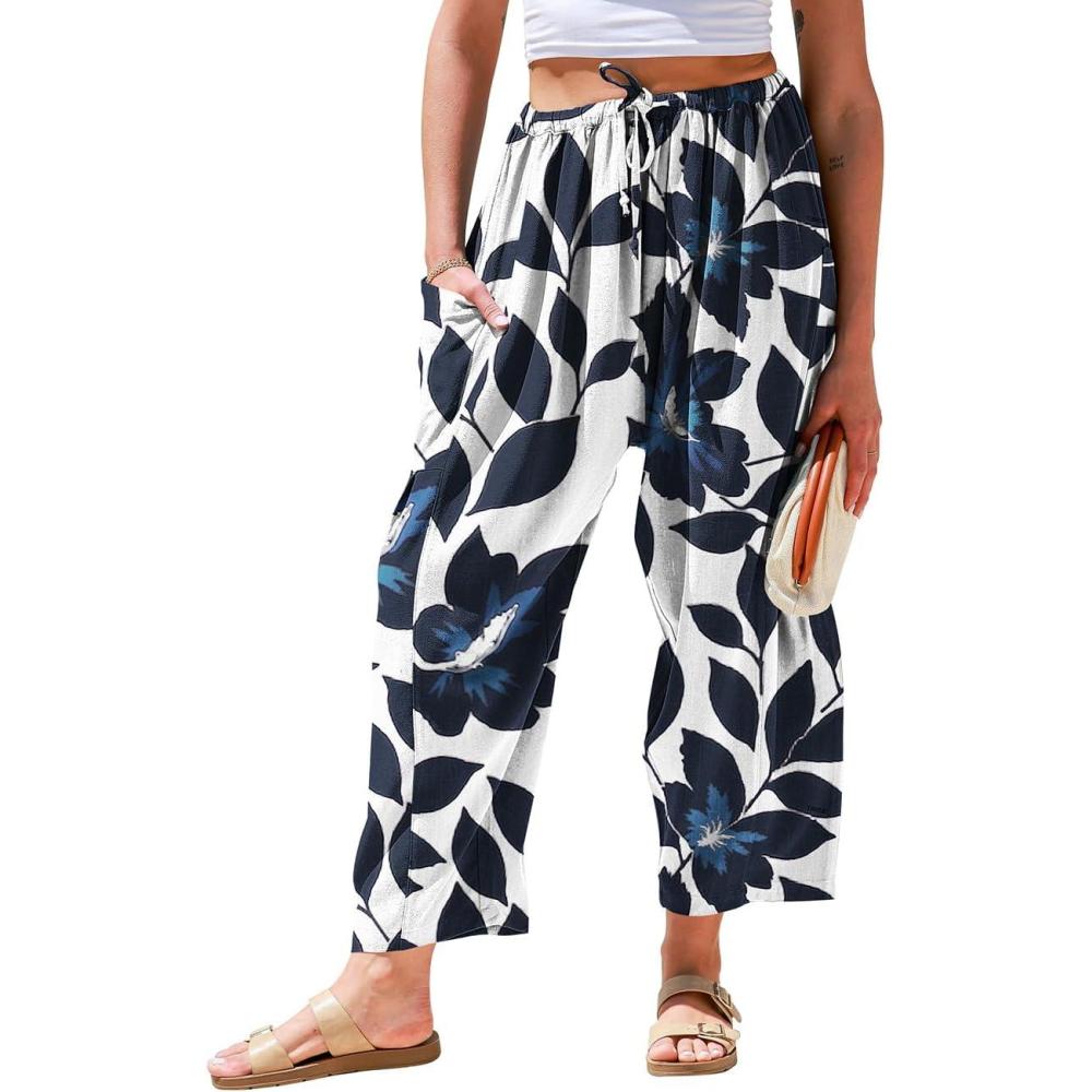 image:imageTARSE Womens Linen Wide Leg Pants Casual Loose Drawstring Summer 2026 Beach Travel Vacation Palazzo Harem Pants with PocketsNavy Leave