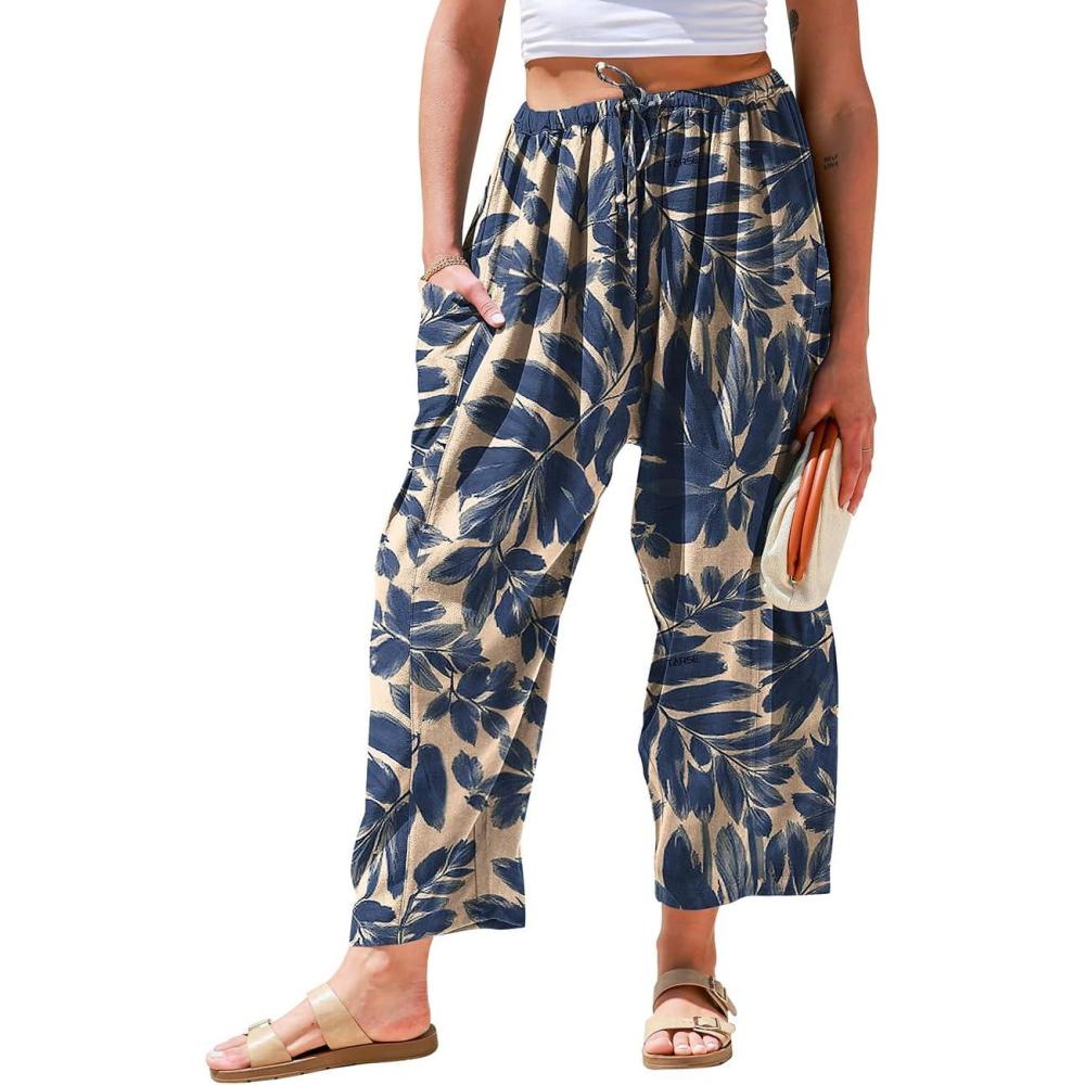 image:imageTARSE Womens Linen Wide Leg Pants Casual Loose Drawstring Summer 2026 Beach Travel Vacation Palazzo Harem Pants with PocketsNavy Leave Paint1