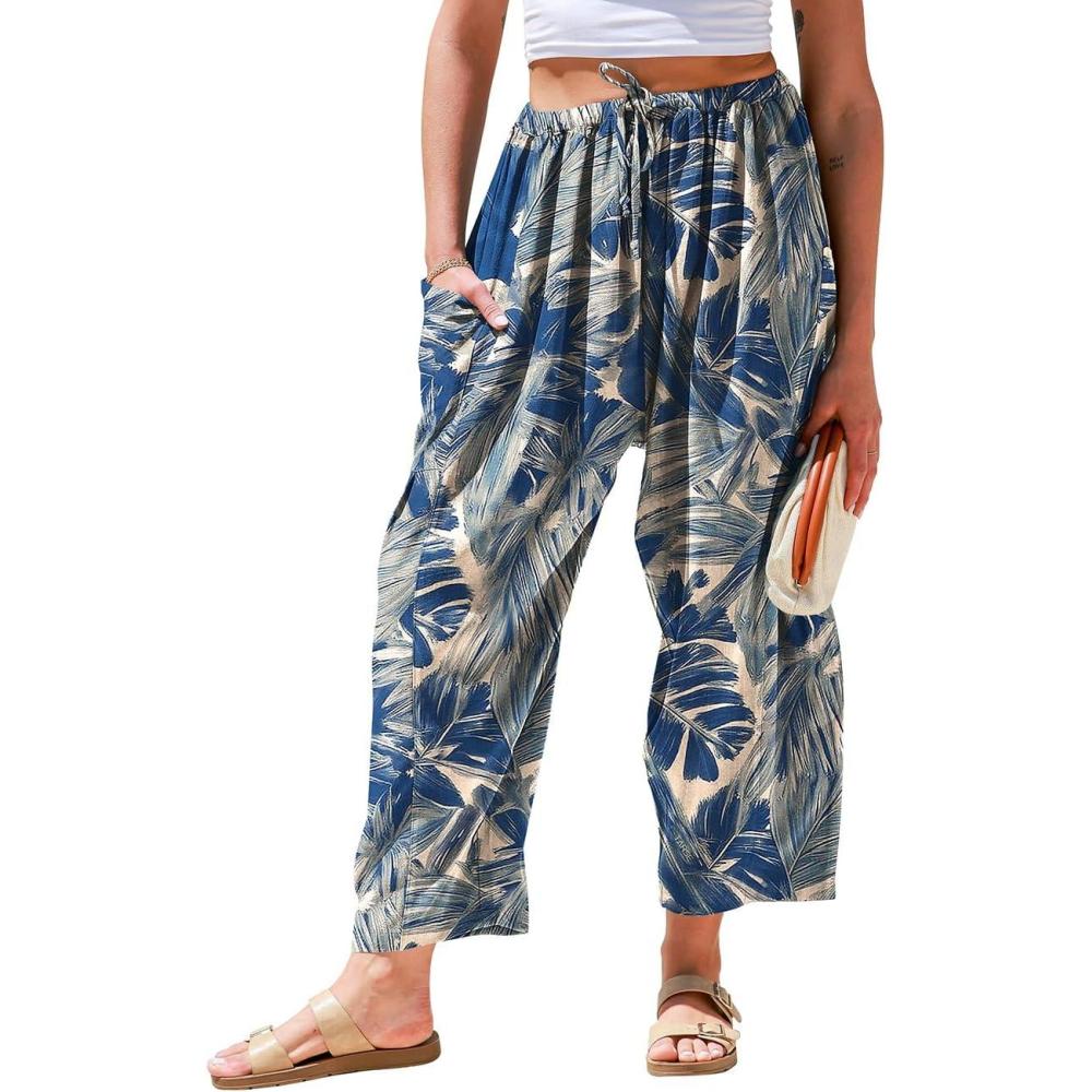 image:imageTARSE Womens Linen Wide Leg Pants Casual Loose Drawstring Summer 2026 Beach Travel Vacation Palazzo Harem Pants with PocketsNavy Leave Paint2