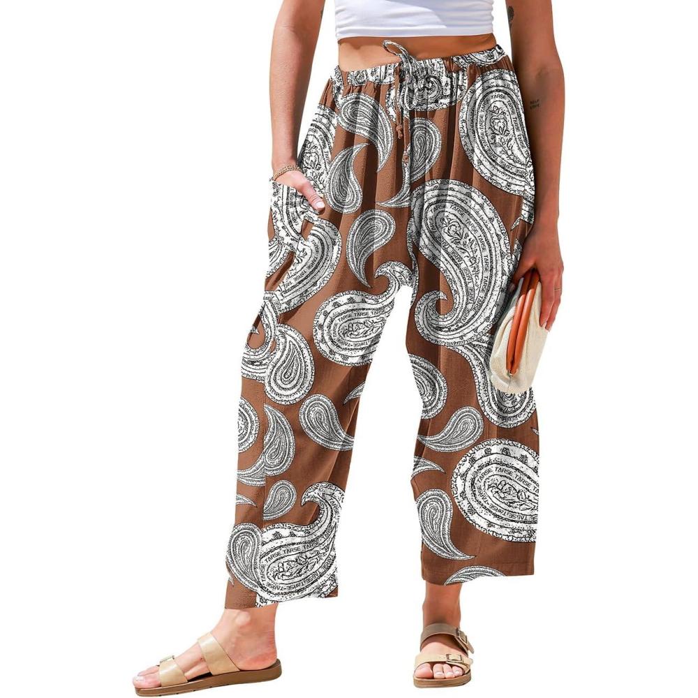 image:imageTARSE Womens Linen Wide Leg Pants Casual Loose Drawstring Summer 2026 Beach Travel Vacation Palazzo Harem Pants with PocketsPaisley Coffee